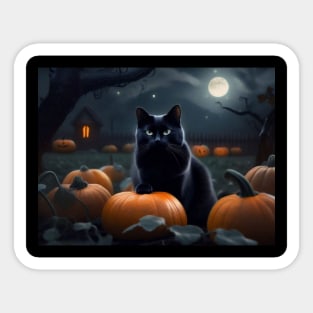 Black cat in a pumpkin patch at midnight Sticker